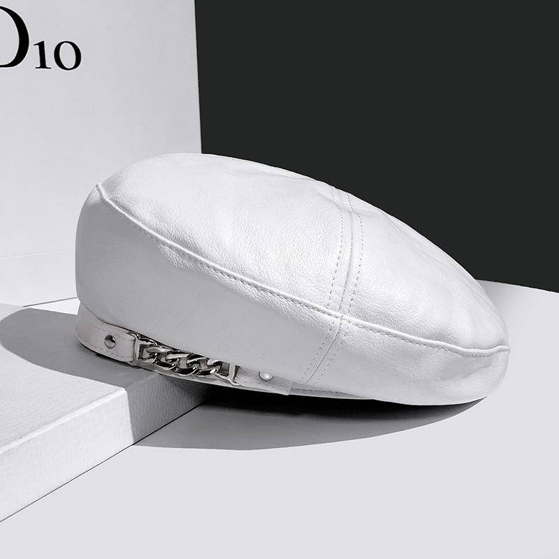 Kette Leder Baskenmütze Weibliche Herbst Winter Vintage Achteckige Casual Elegante Party Outdoor Maler Hut für Frauen weiß von Joom DACH