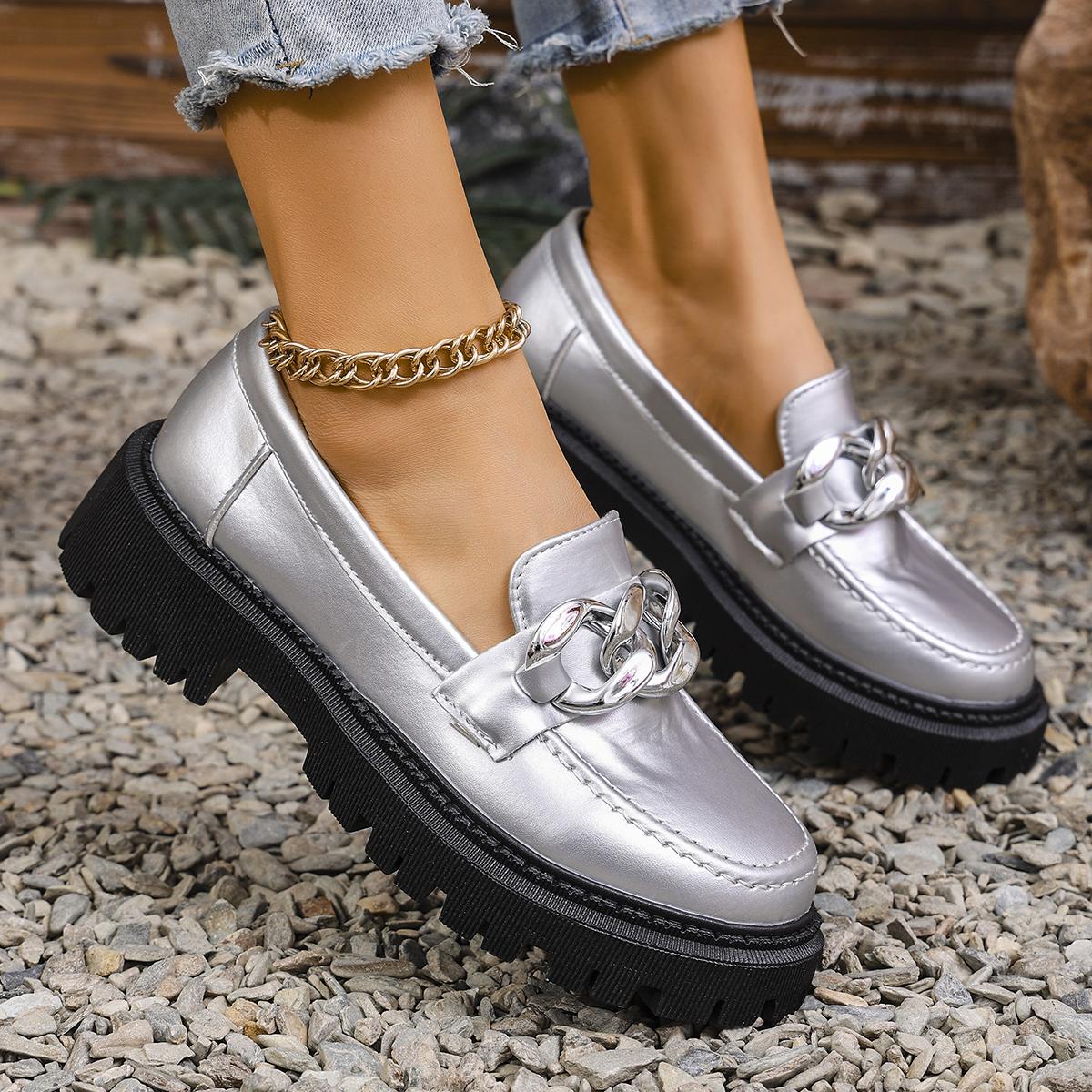 Kettendekor Silberne Slipper für Damen Plateau PU-Leder Freizeitschuhe Frau Frühling Sommer Komfort Slip-On Ballerinas Schuhe Übergröße 43 silber von Joom DACH