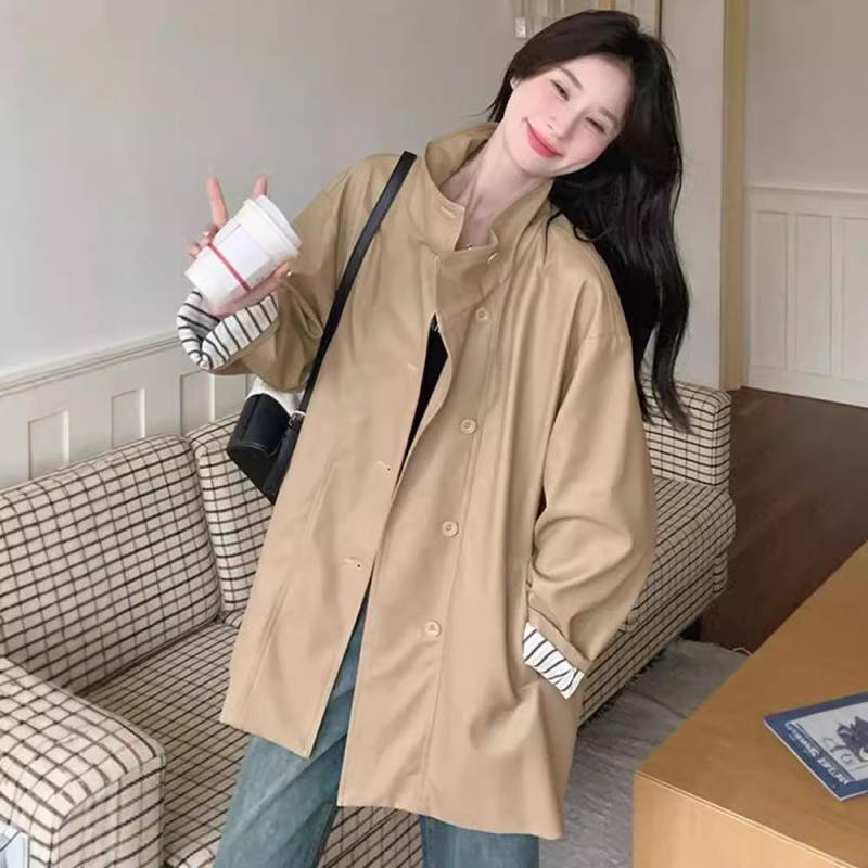 Khakifarbene PU-Lederjacke für Damen Mittellang Herbst Britischer Stil Lässige Leder-Windbreakerjacke für Damen XL von Joom DACH