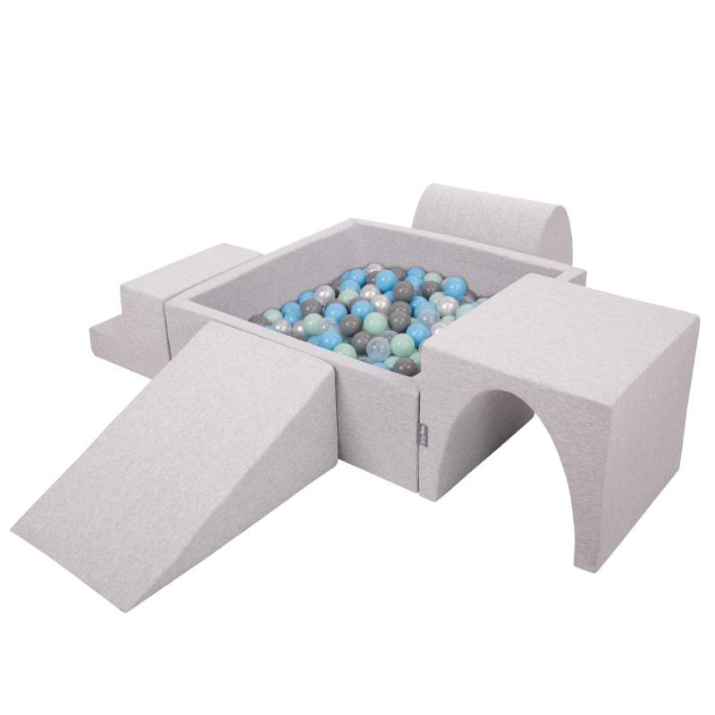 KiddyMoon Schaumstoffspielplatz für Kinder mit quadratischem Bällebad (200 Bälle Bälle 7 cm/2,75 Zoll), hellgrau:perlmutt/grau/transp/bblau/mint von Joom DACH