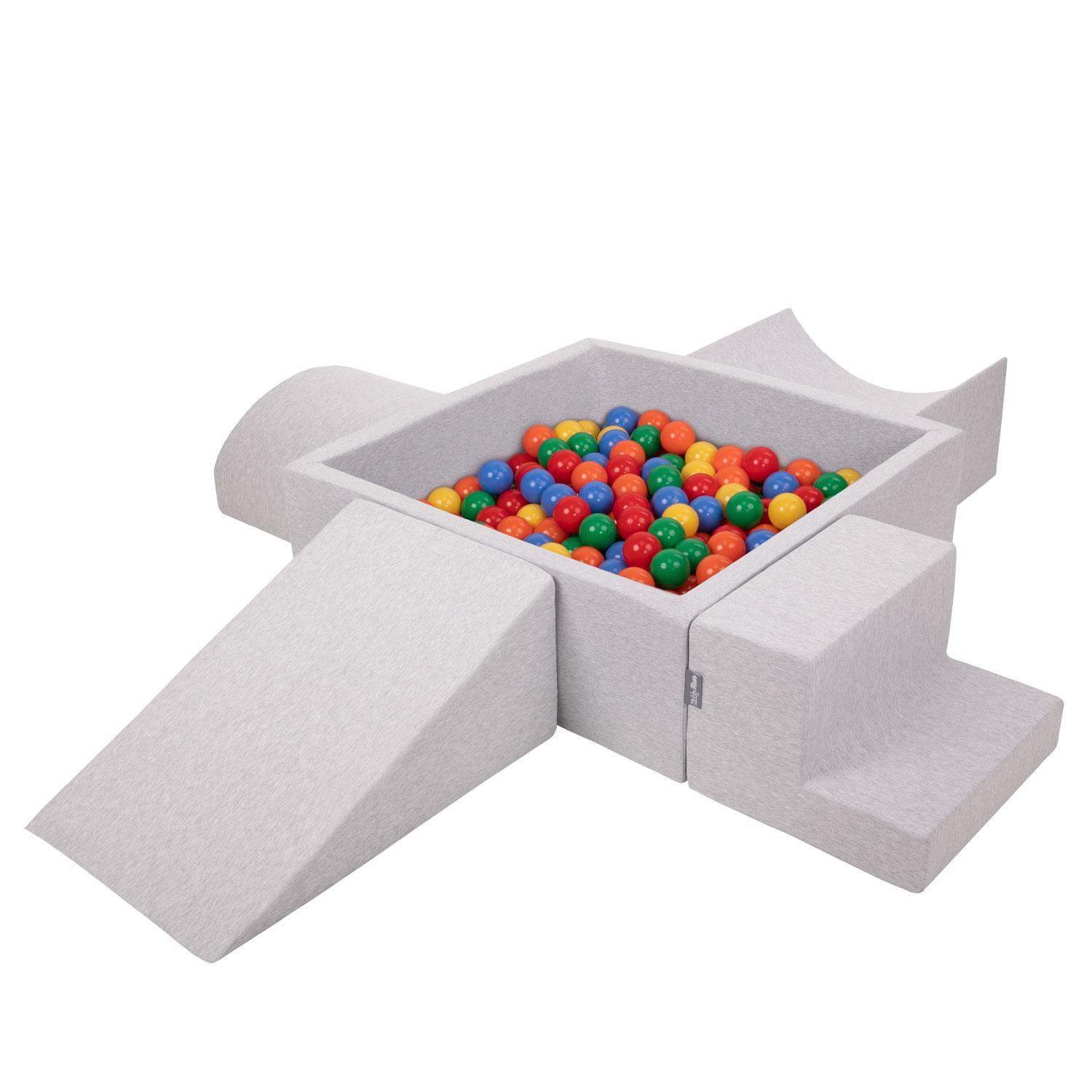 KiddyMoon Schaumstoffspielplatz für Kinder mit quadratischem Bällebad (300 Bälle Bälle 7 cm/2,75 Zoll), hellgrau:gelb/grün/blau/rot/orange von Joom DACH
