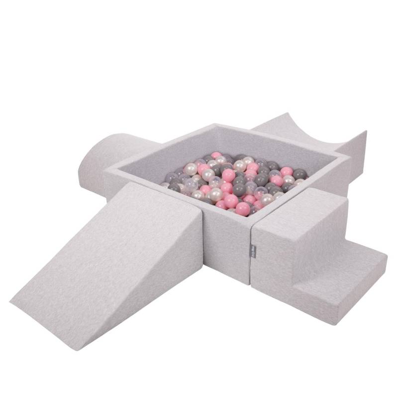 KiddyMoon Schaumstoffspielplatz für Kinder mit quadratischem Bällebad (300 Bälle Bälle 7 cm/2,75 Zoll), hellgrau:perlmutt/grau/transp/puderrosa von Joom DACH