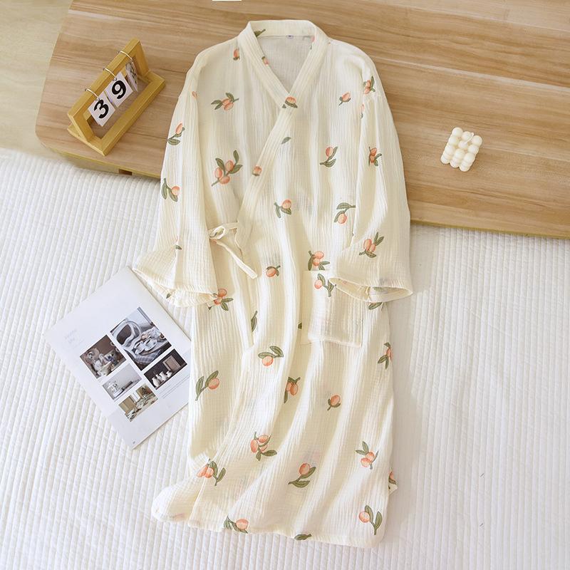 Kimono-Morgenmantel für Frühling und Herbst, Damen, reiner Baumwollkrepp, dünner Sommerbademantel, Homewear, Pyjama, Bademantel L von Joom DACH