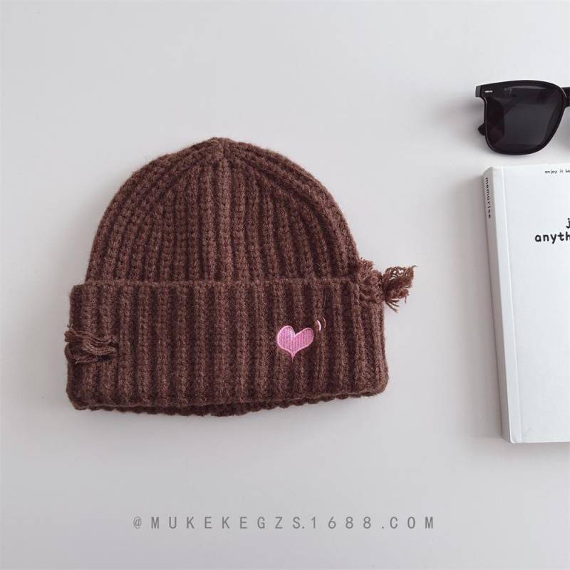 Kinder, Strickmützen, Herbst und Winter, Löcher, Herzförmige Stickerei, Jungen und Mädchen, Warme Mützen, Wollmützen Kids (49-54) kaffeebraun von Joom DACH