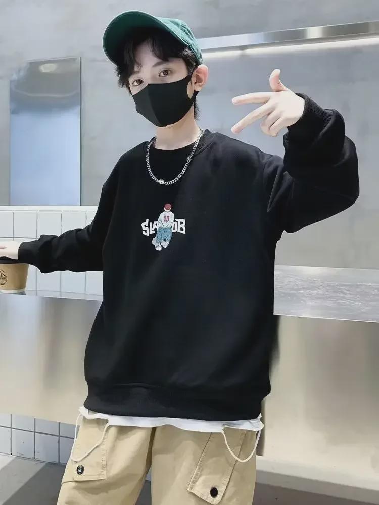 Kinder 2023 Herbst/Winter Koreanisches Loose Fit Rundhals-Sweatshirt - Schickes trendiges Outfit im Hong Kong-Stil 140 cm schwarz von Joom DACH