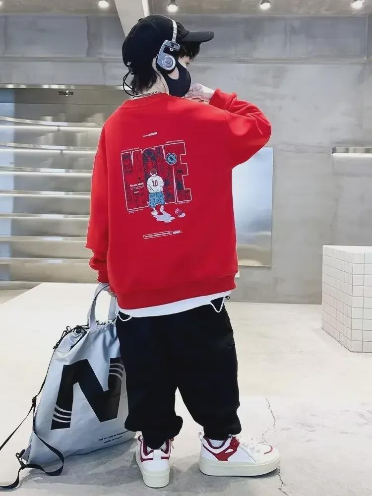 Kinder 2023 Herbst/Winter Koreanisches Loose Fit Rundhals-Sweatshirt - Schickes trendiges Outfit im Hong Kong-Stil 150 cm rot von Joom DACH