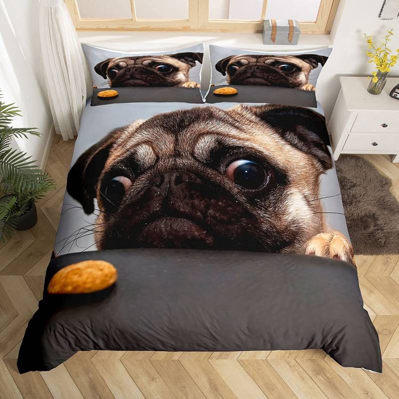 Kinder Cartoon Hunde Bettbezug Set King Size Corgi Mops Muster Bettdeckenbezug für Jungen Mädchen Erwachsene Schlafzimmer Deko, Niedlicher Welpe Haustier EU single(135x200cm) von Joom DACH