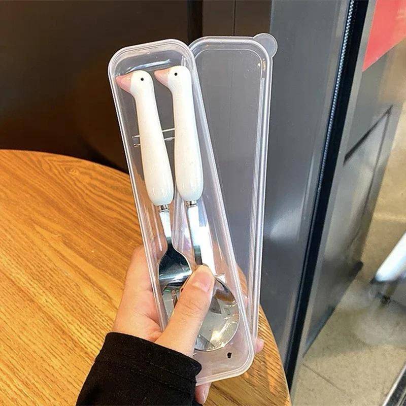 Kinder Cartoon Tiere Besteck Edelstahl Löffel Gabel Set Tragbares Mittagessen Im Freien Geschirr mit Box Küche Zubehör von Joom DACH