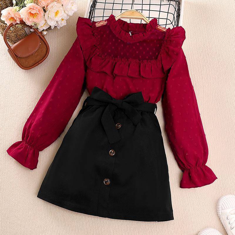 Kinder Casual Kleidung Sets für Mädchen Frühling Herbst 2023 Neue Teen Kind Langarm Rüschen Mesh Patch Tops Kurzen Rock sets Kleidung 9-10Y rot von Joom DACH