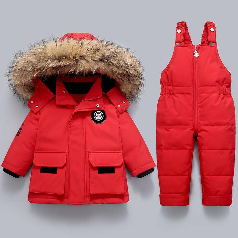 Kinder-Daunenjacken für Säuglinge und Kleinkinder im Alter von 1-5 Jahren, Jungen und Mädchen, Winterkleidung, Zweiteilige Daunenjacken + Latzhosen 90cm rot von Joom DACH