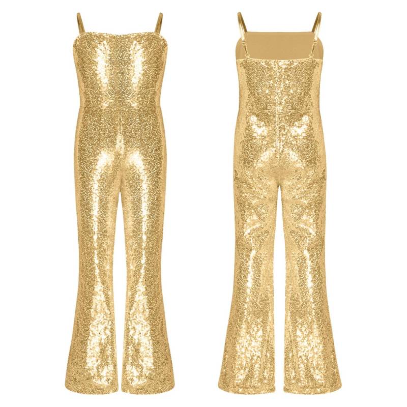 Kinder Disco Kostüm Mädchen Pailletten Tanz Overall Verstellbare Träger Cami Langer Ganzanzug Halloween Outfit 5-6 Years gold von Joom DACH