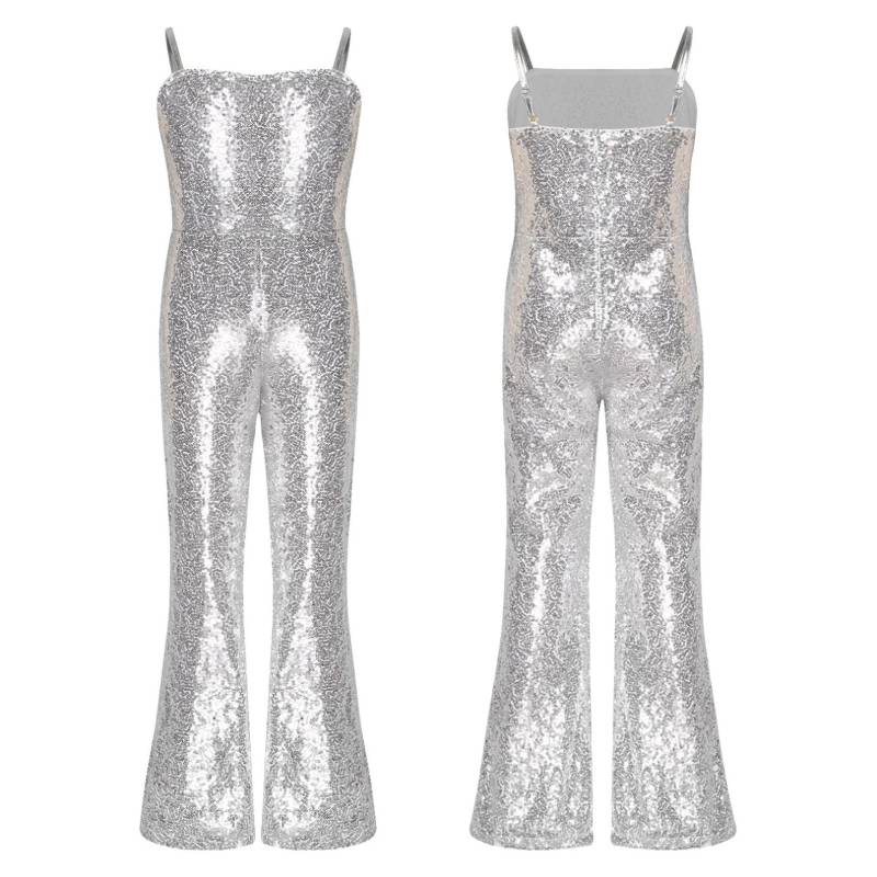 Kinder Disco Kostüm Mädchen Pailletten Tanz Overall Verstellbare Träger Cami Langer Ganzanzug Halloween Outfit 9-10 Years silber von Joom DACH