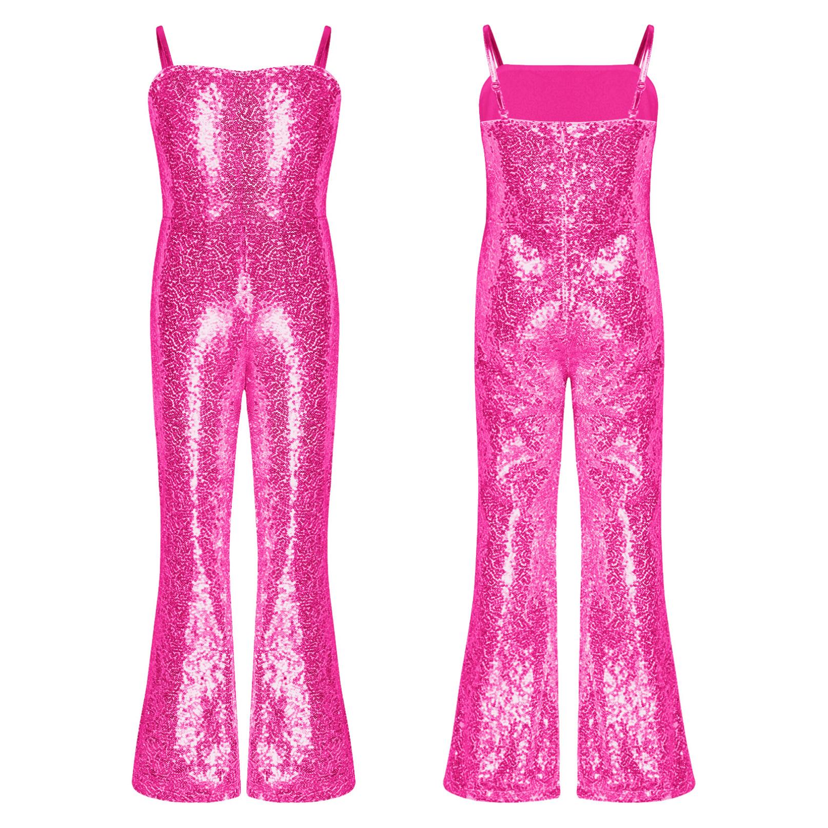 Kinder Disco Kostüm Mädchen Pailletten Tanz Overall Verstellbare Träger Cami Langer Ganzanzug Halloween Outfit 9-10 Years heißes rosa von Joom DACH