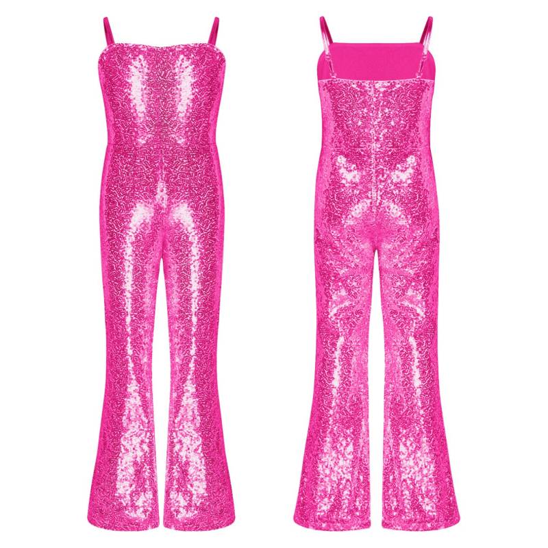 Kinder Disco Kostüm Mädchen Pailletten Tanz Overall Verstellbare Träger Cami Langer Ganzanzug Halloween Outfit 9-10 Years heißes rosa von Joom DACH