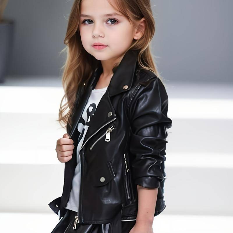 Kinder Frühling Herbst Pu Leder Jacke Mädchen Motorrad Outwear Einfarbig Zipper Mantel mit Gürtel 150 schwarz von Joom DACH