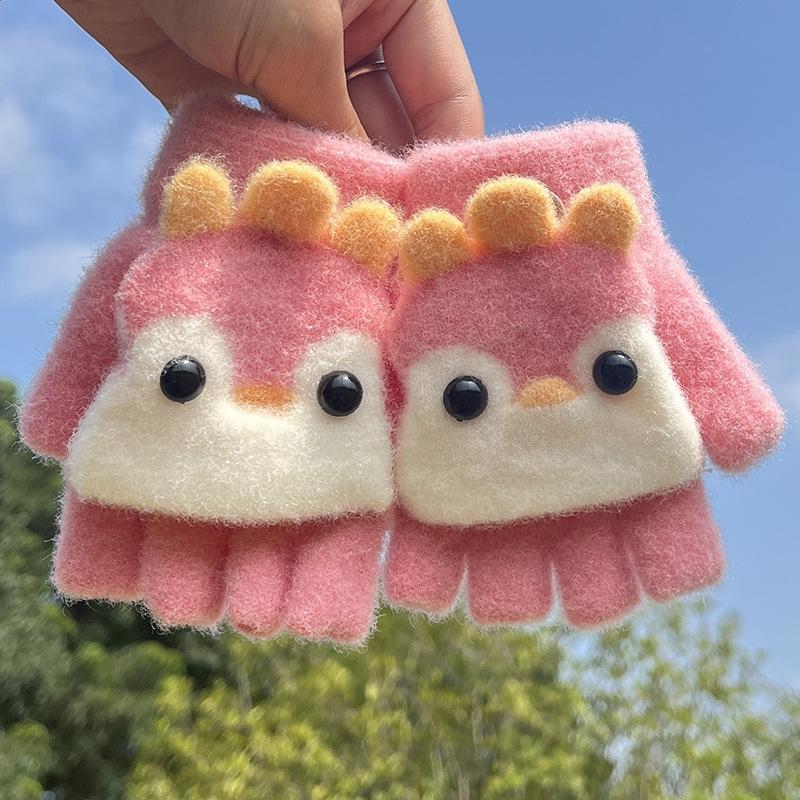 Kinder Fünf Finger Handschuhe Winter Junge Verdickte Halbfinger Fäustlinge Mädchen Kind Gestrickte Fäustlinge Winter Neue Cartoon Warme Flip Handschuhe dunkel rosa von Joom DACH