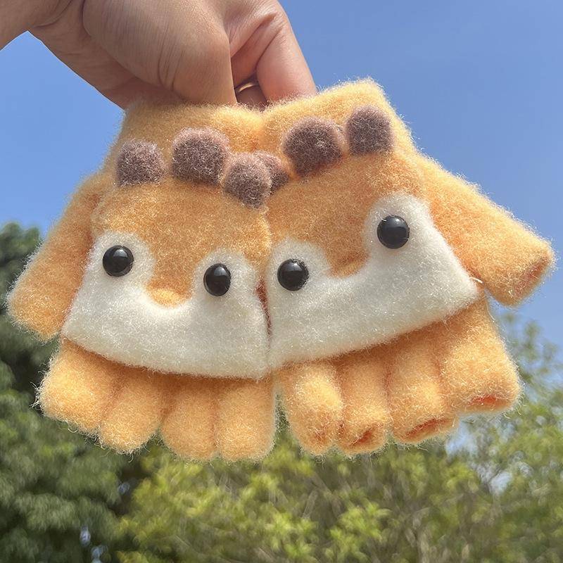 Kinder Fünf Finger Handschuhe Winter Junge Verdickte Halbfinger Fäustlinge Mädchen Kind Gestrickte Fäustlinge Winter Neue Cartoon Warme Flip Handschuhe gelb von Joom DACH