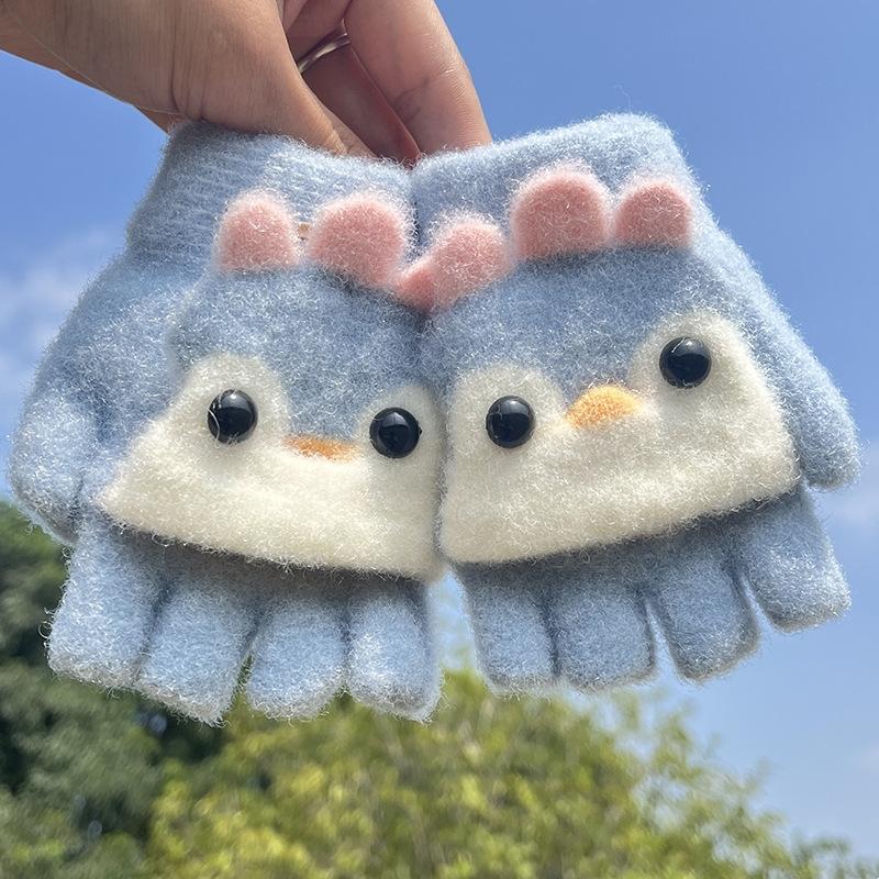 Kinder Fünf Finger Handschuhe Winter Junge Verdickte Halbfinger Fäustlinge Mädchen Kind Gestrickte Fäustlinge Winter Neue Cartoon Warme Flip Handschuhe blau von Joom DACH
