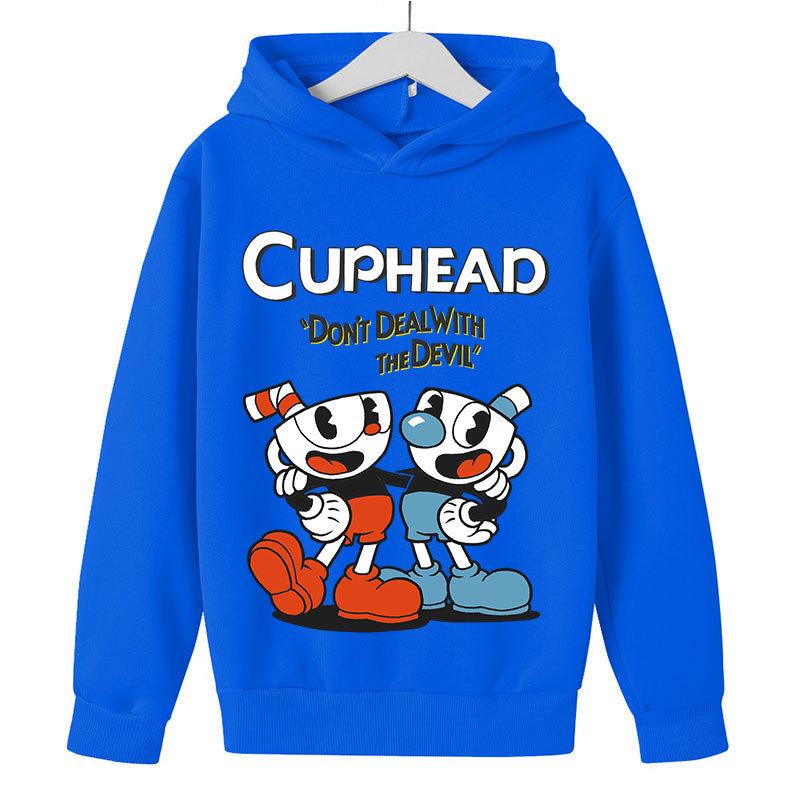 Kinder Game Cuphead Hoodie Jungen Mädchen Mode Cartoon Sweatshirt Frühling und Herbst Modell Horror Kleidung Langarm 3-13Yrs 150 blau von Joom DACH