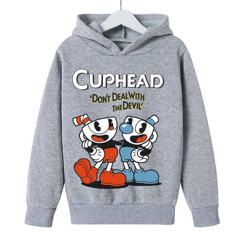 Kinder Game Cuphead Hoodie Jungen Mädchen Mode Cartoon Sweatshirt Frühling und Herbst Modell Horror Kleidung Langarm 3-13Yrs 160 grau von Joom DACH