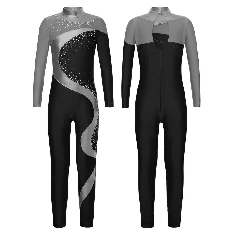 Kinder Ganzkörperanzug Ballett Bodysuit Jumpsuits Strass Tanzbekleidung Mädchen Eiskunstlauf Tanzen Kunstturnen Activewear 15-16 Years schwarz/graue von Joom DACH