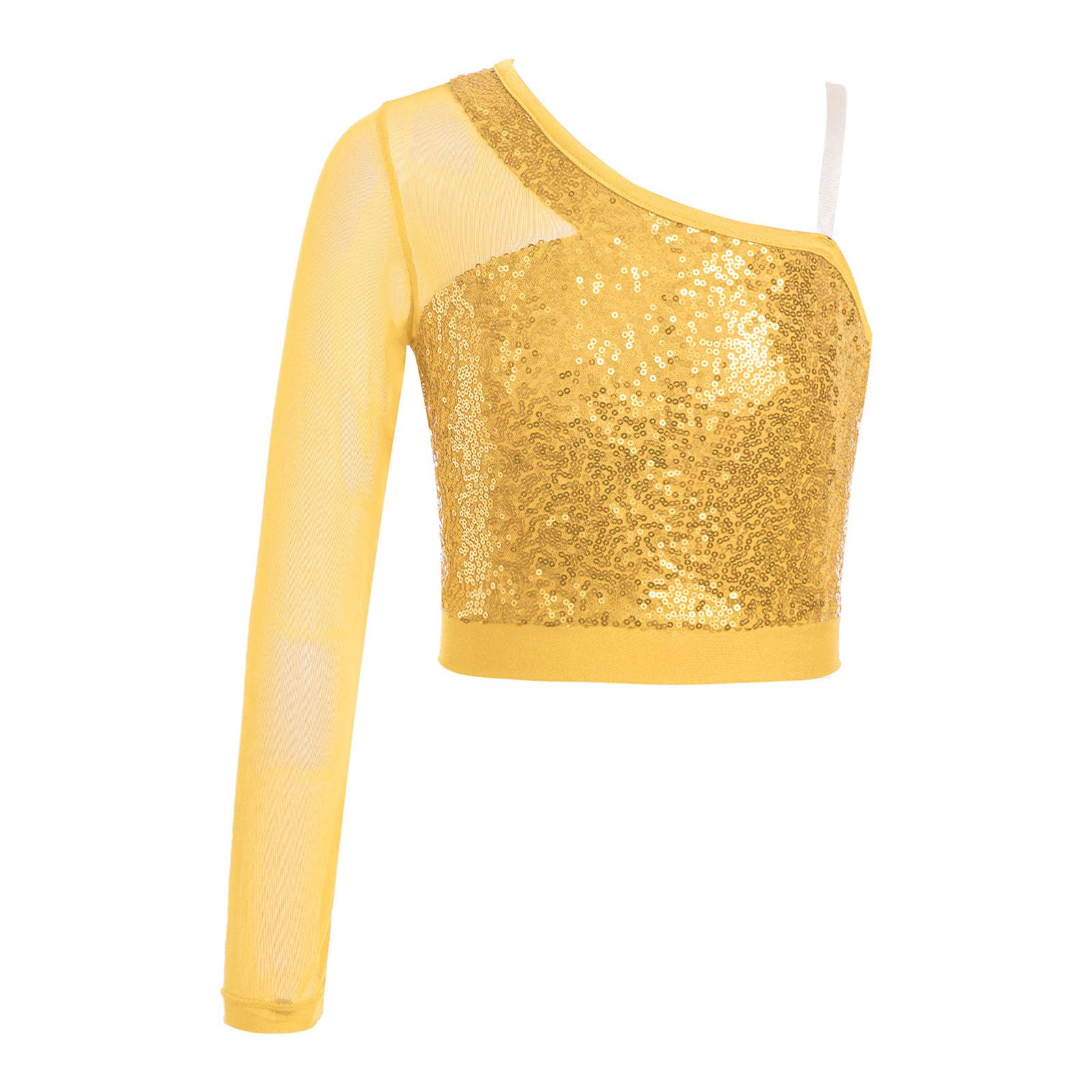 Kinder Glitzerndes Tanz Crop Top Einseitig Transparentes Netz Langarm Auftrittskostüm 5-6 Years gold von Joom DACH
