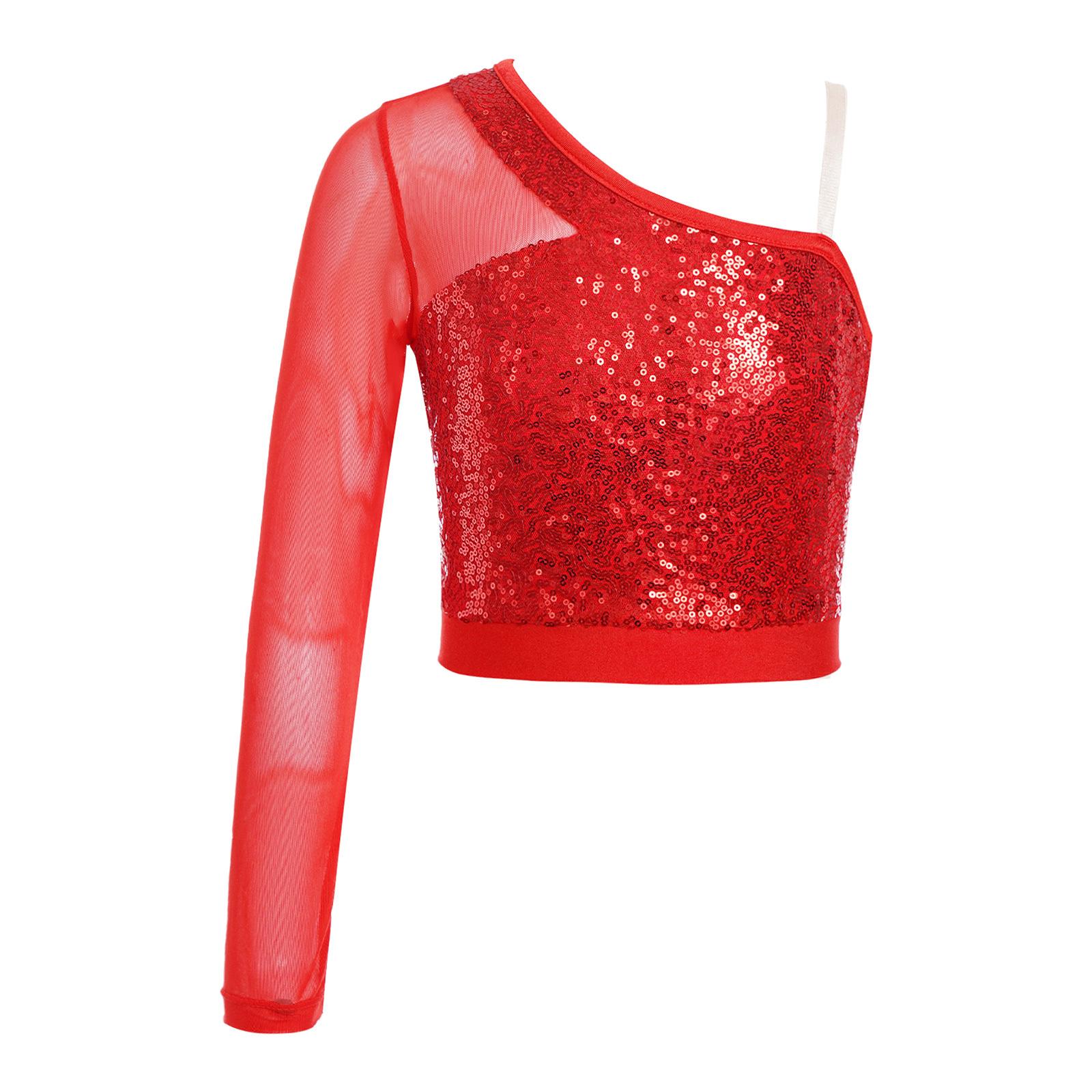Kinder Glitzerndes Tanz Crop Top Einseitig Transparentes Netz Langarm Auftrittskostüm 7-8 Years von Joom DACH