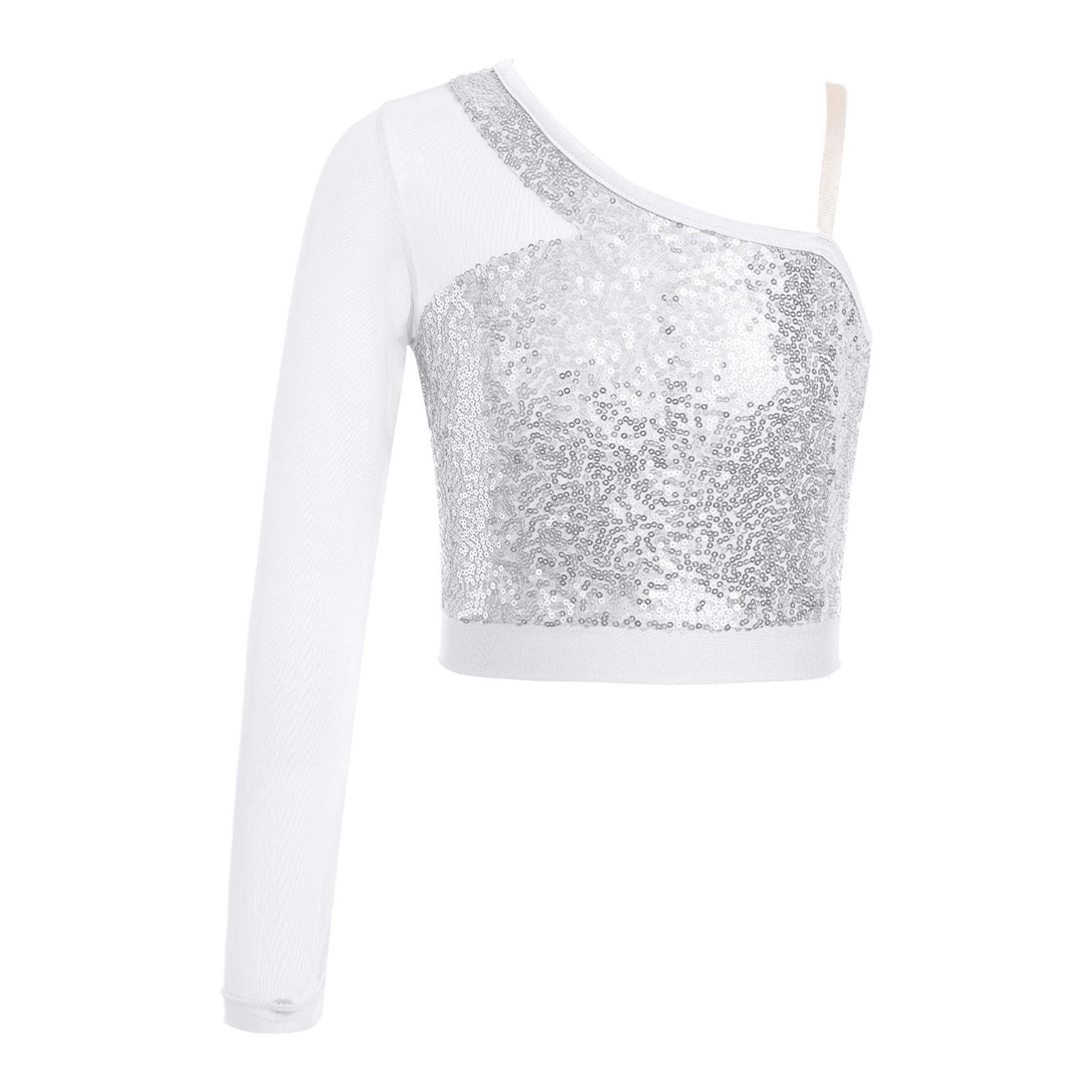 Kinder Glitzerndes Tanz Crop Top Einseitig Transparentes Netz Langarm Auftrittskostüm 9-10 Years silber von Joom DACH