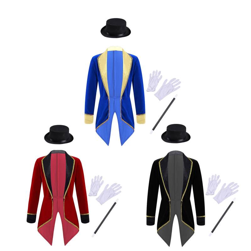 Kinder Halloween Zauberer Frack Kostüm Langarm Zirkus Ringmaster Smoking Jacke Mäntel Junge Mädchen Karneval Party Ausgefallenes Outfit 7-8 Years von Joom DACH