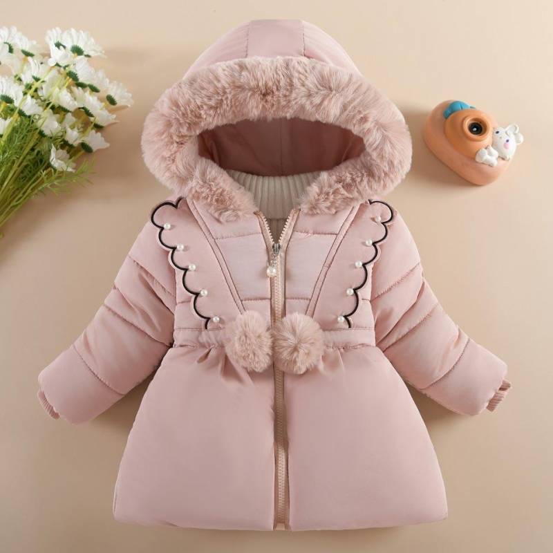 Kinder Herbst Winter Dicke Baumwolljacke Kinder Mädchen Warm Perlen Jacke Plüschkragen Kapuze Winddicht Oberbekleidung 1 Bis 6 Jahre 110cm rosa von Joom DACH