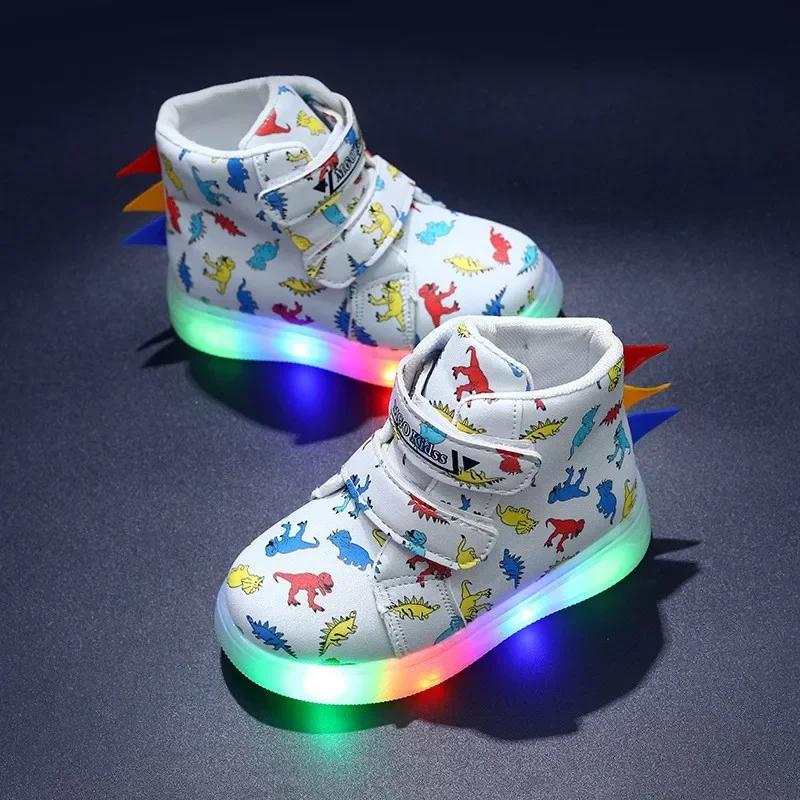 Kinder High Top Sneaker 2024 Neu LED Leuchtende PU Kinderschuhe Mode Dinosaurier Print Jungen Freizeitschuhe Leuchtende Board Schuhe 23-insole14.2cm weiß von Joom DACH