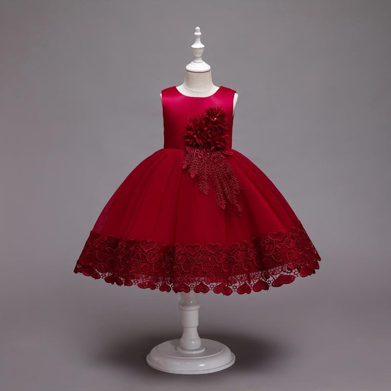 Kinder-Hochzeitskleid, formelles Kleid, Applikationen, Spitze, Prinzessin, Party, Abschlussball, Quasten 150cm rot von Joom DACH