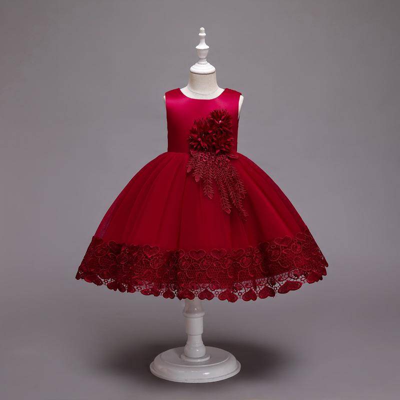 Kinder-Hochzeitskleid, formelles Kleid, Applikationen, Spitze, Prinzessin, Party, Abschlussball, Quasten 150cm rot von Joom DACH