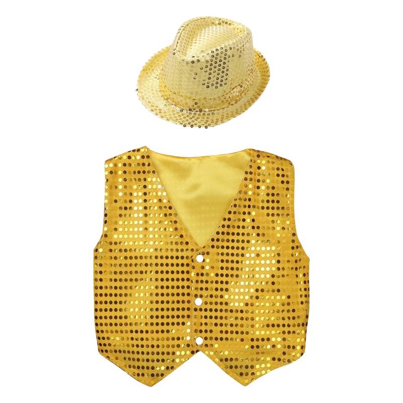 Kinder Jungen Jazz Dance Weste Glänzende Pailletten Weste mit Hut Weihnachten Party Festival Abschlussball Cosplay Bühnenauftritt Kleidung 13-14 Years gold von Joom DACH