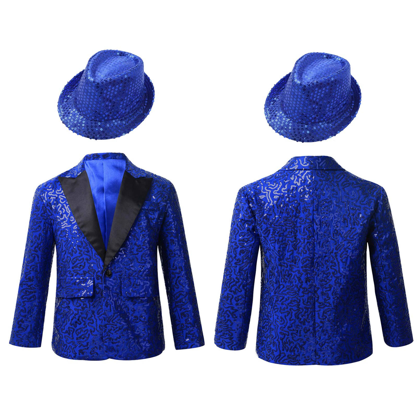 Kinder Jungen Langarm Revers Glänzende Pailletten Smoking Anzug Jacke Mantel mit Hut für Tanzaufführung Bankett Party 11-12 Years blau von Joom DACH