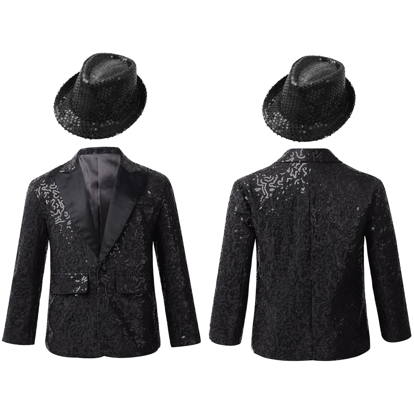 Kinder Jungen Langarm Revers Glänzende Pailletten Smoking Anzug Jacke Mantel mit Hut für Tanzaufführung Bankett Party 11-12 Years von Joom DACH