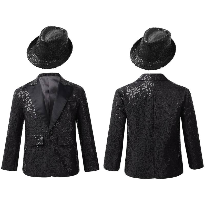 Kinder Jungen Langarm Revers Glänzende Pailletten Smoking Anzug Jacke Mantel mit Hut für Tanzaufführung Bankett Party 11-12 Years schwarz von Joom DACH