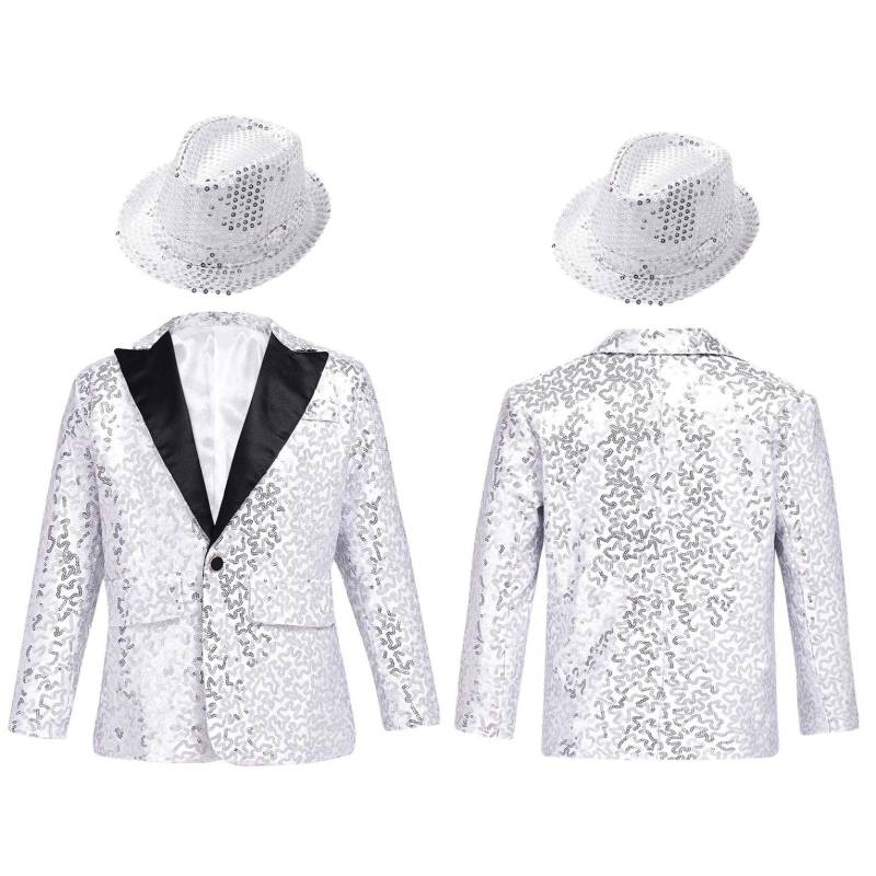 Kinder Jungen Langarm Revers Glänzende Pailletten Smoking Anzug Jacke Mantel mit Hut für Tanzaufführung Bankett Party 15-16 Years silber von Joom DACH