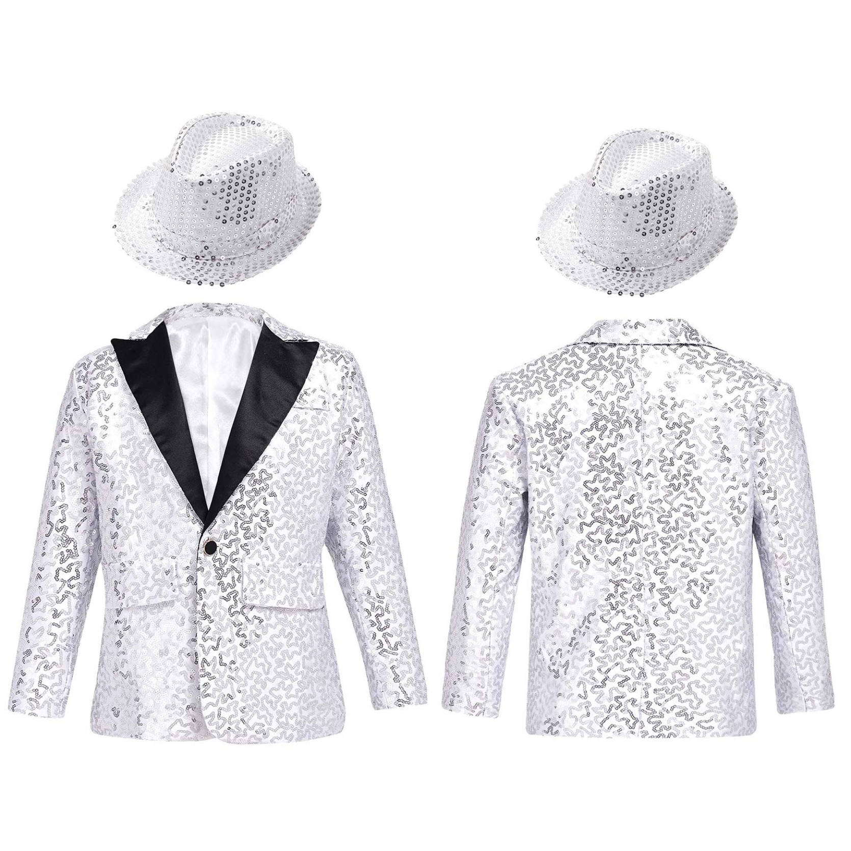 Kinder Jungen Langarm Revers Glänzende Pailletten Smoking Anzug Jacke Mantel mit Hut für Tanzaufführung Bankett Party 7-8 Years von Joom DACH