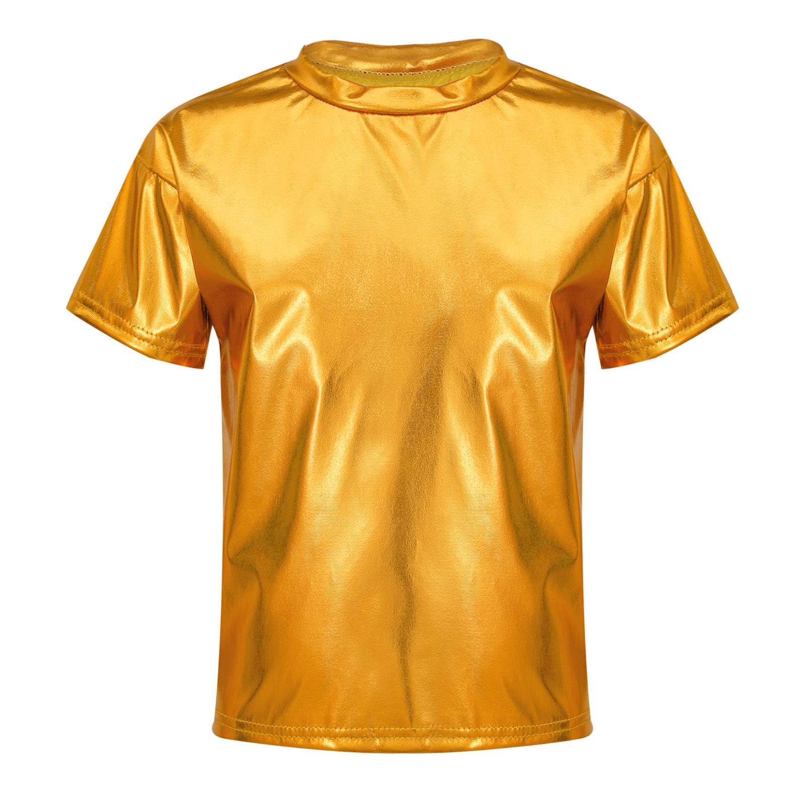 Kinder Jungen Mädchen glänzende metallische Kurzarm-T-Shirts Tanz-Performance-Oberteile Party glitzernde Outfits 9-10 Years gold von Joom DACH