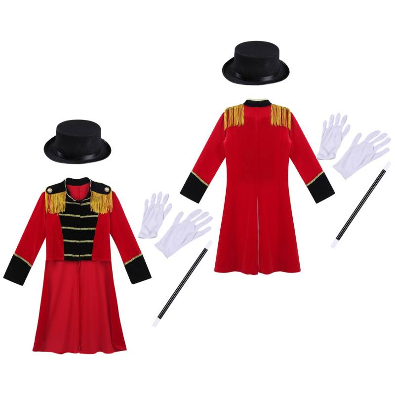 Kinder Jungen Zirkus Zirkusdirektor Kostüm Cosplay Frack Halloween Uniform mit Hut Zauberstab Handschuhe 7-8 Years rot von Joom DACH