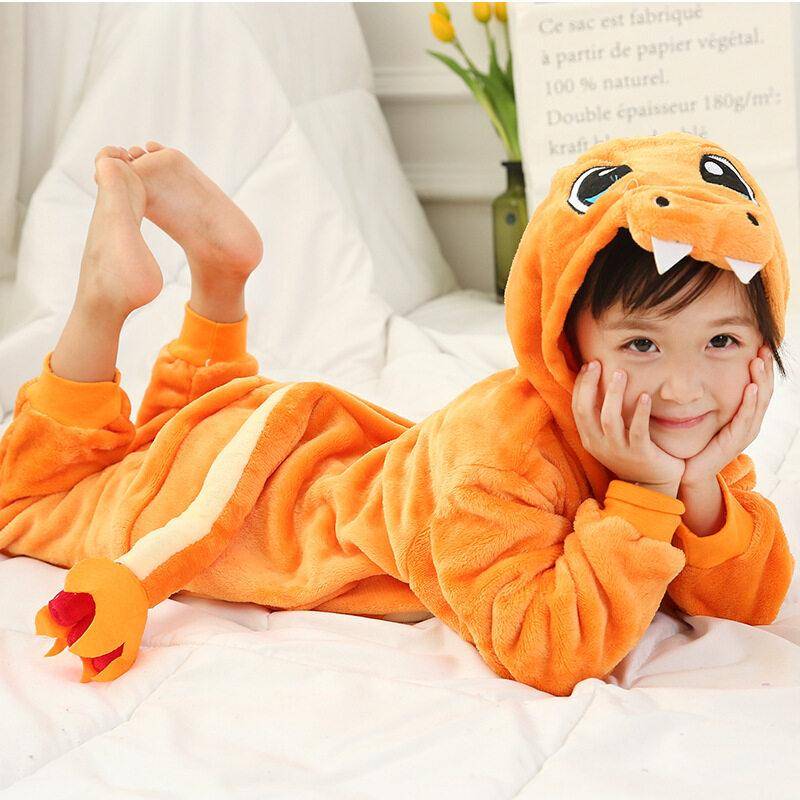 Kinder Kigurumi Katze Onesie Pyjama Mädchen Overall Tier Nachtwäsche Overall Kapuze Pyjama Ohne Schuhe 7T gelb/orange von Joom DACH