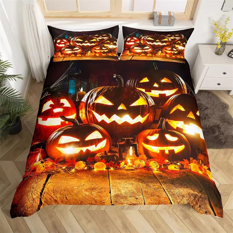 Kinder Kürbislaterne Bettbezug Set Einzelkönig Halloween Bettwäsche Set Mikrofaser Hexe Geheimnis Friedhof Druck Bettdeckenbezug EU Single(135x200cm) von Joom DACH