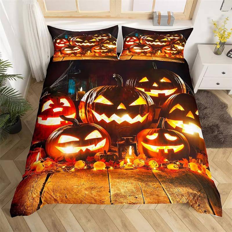 Kinder Kürbislaterne Bettbezug Set Einzelkönig Halloween Bettwäsche Set Mikrofaser Hexe Geheimnis Friedhof Druck Bettdeckenbezug EU Single(135x200cm) von Joom DACH