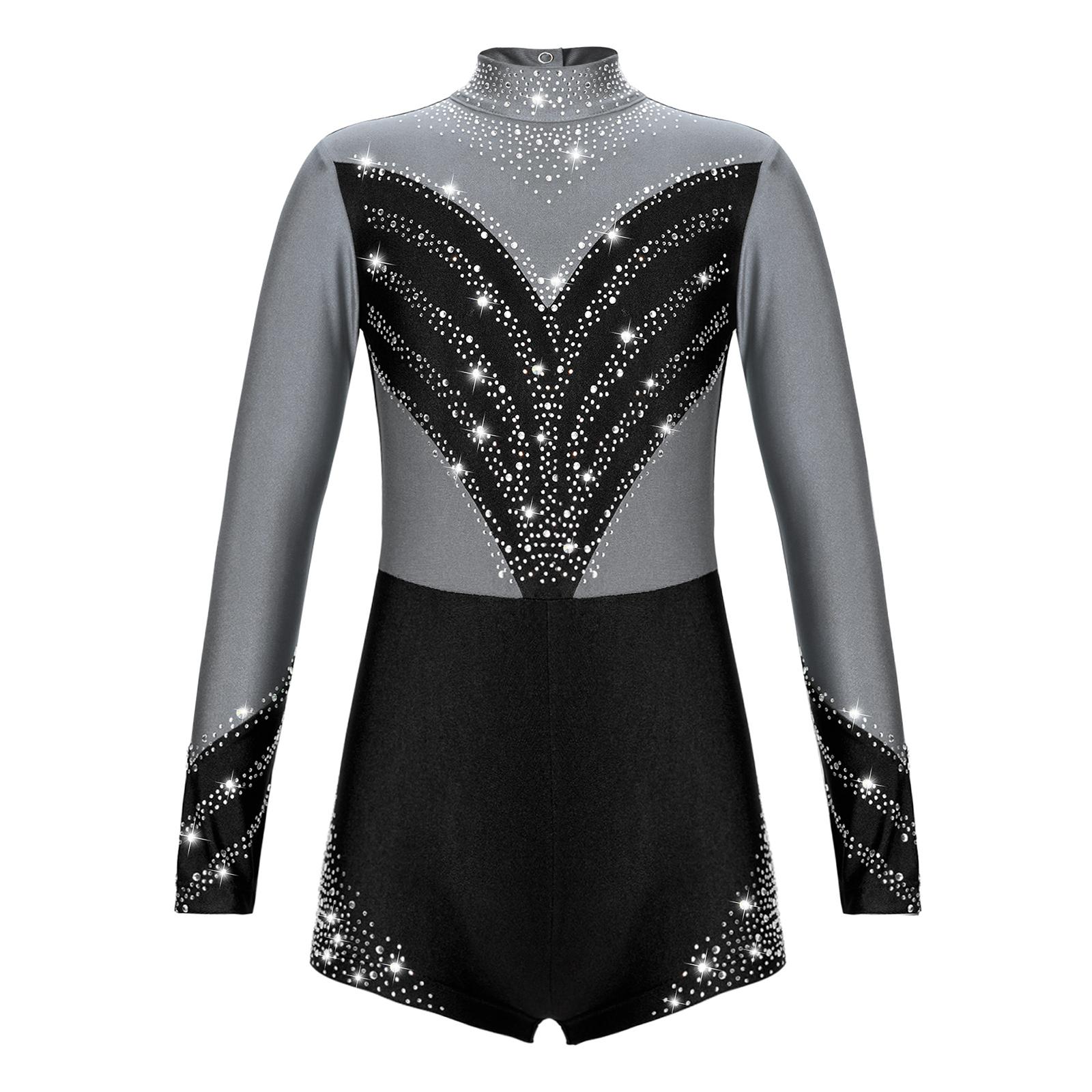 Kinder Langarm Stehkragen Glitzernder Overall Funkelnder Strass Gymnastik Performance Wear 9-10 Years grau von Joom DACH