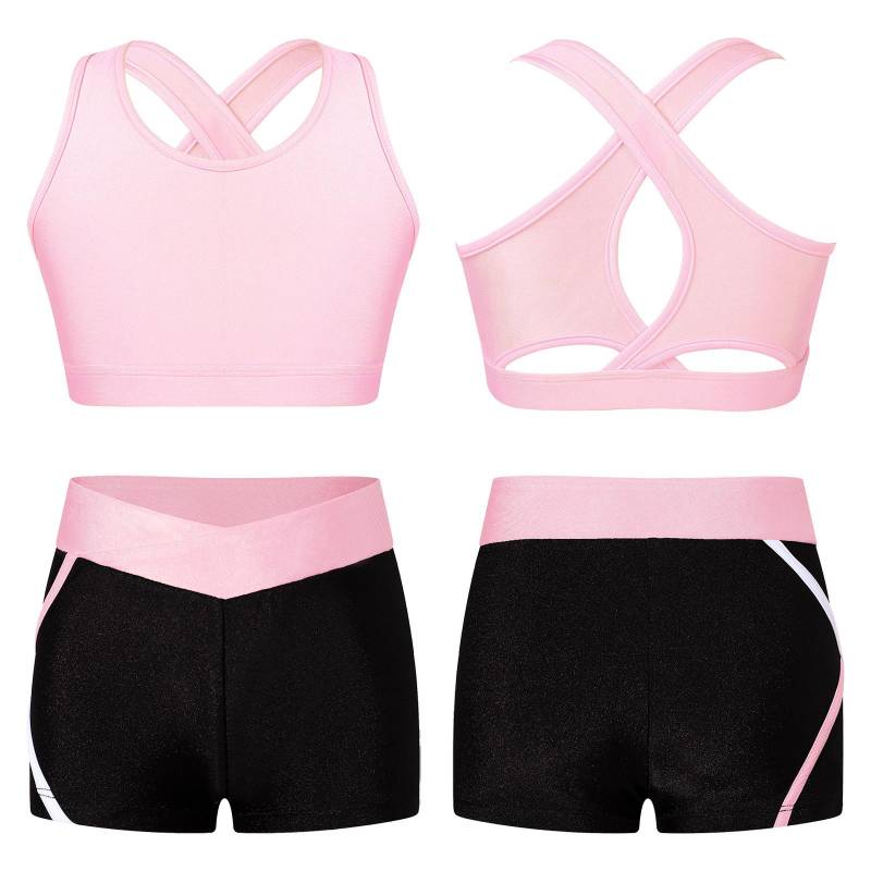 Kinder Mädchen 2 Stück Tanz Sport Outfits Gymnastik Crop Top mit Booty Shorts Trainingsanzug Badeanzug Kleidung 11-12 Years rosa von Joom DACH