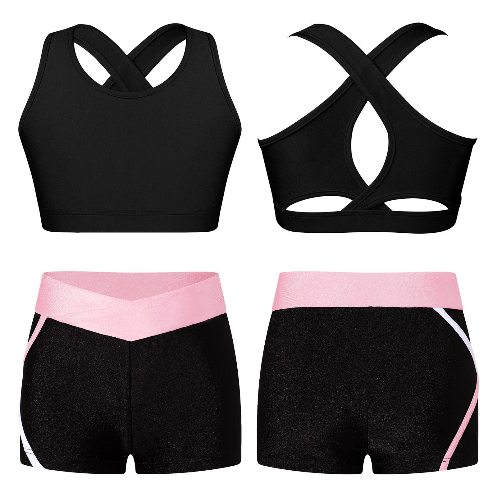 Kinder Mädchen 2-teiliges Tanz-Outfit, bauchfreies Top mit Booty Shorts, Activewear-Set, Gymnastikanzug, Tanzbekleidung 15-16 Years von Joom DACH