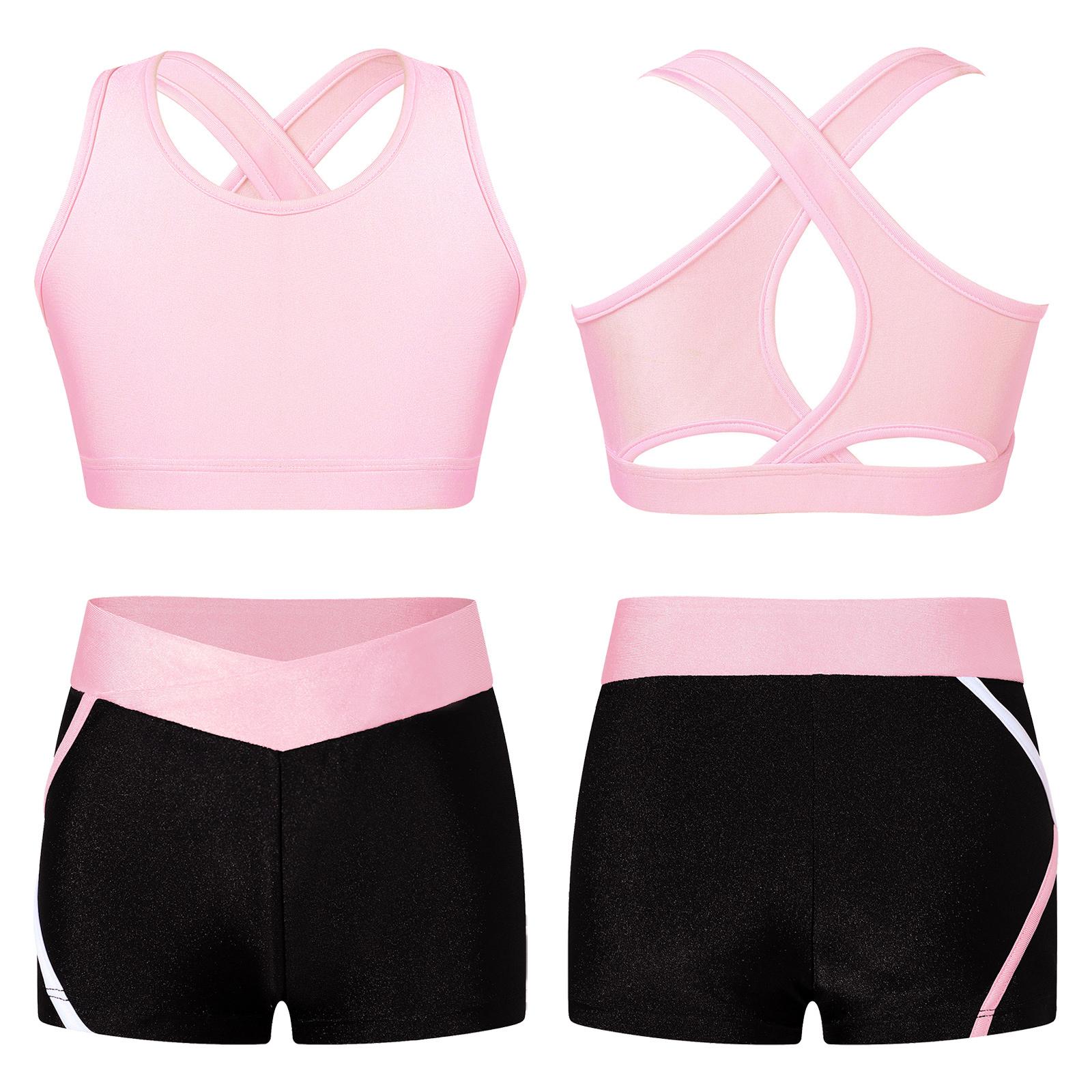 Kinder Mädchen 2-teiliges Tanz-Outfit, bauchfreies Top mit Booty Shorts, Activewear-Set, Gymnastikanzug, Tanzbekleidung 5-6 Years von Joom DACH