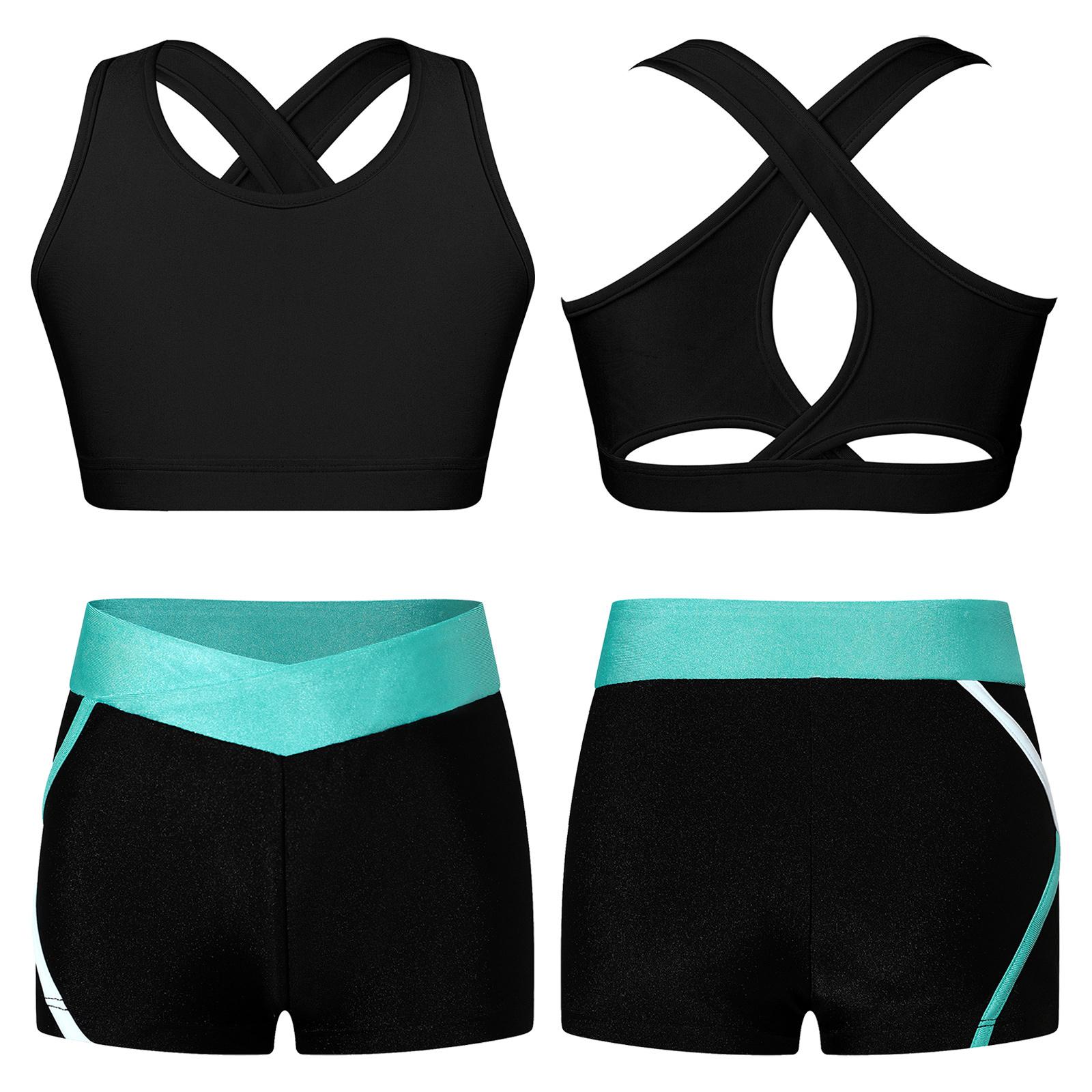 Kinder Mädchen 2-teiliges Tanz-Outfit, bauchfreies Top mit Booty Shorts, Activewear-Set, Gymnastikanzug, Tanzbekleidung blau/schwarz von Joom DACH