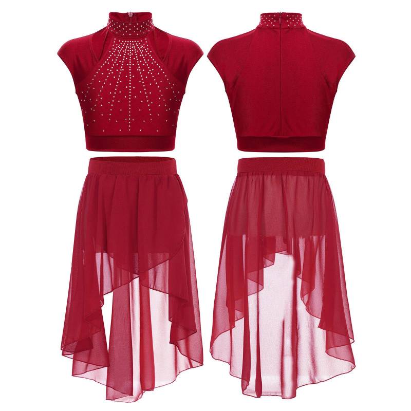 Kinder Mädchen 2-teiliges Tanz-Outfit Ballett Gymnastikanzug Athletisch Crop Top mit Tutu Rock Lyrisches Tanzkleid bordeaux von Joom DACH